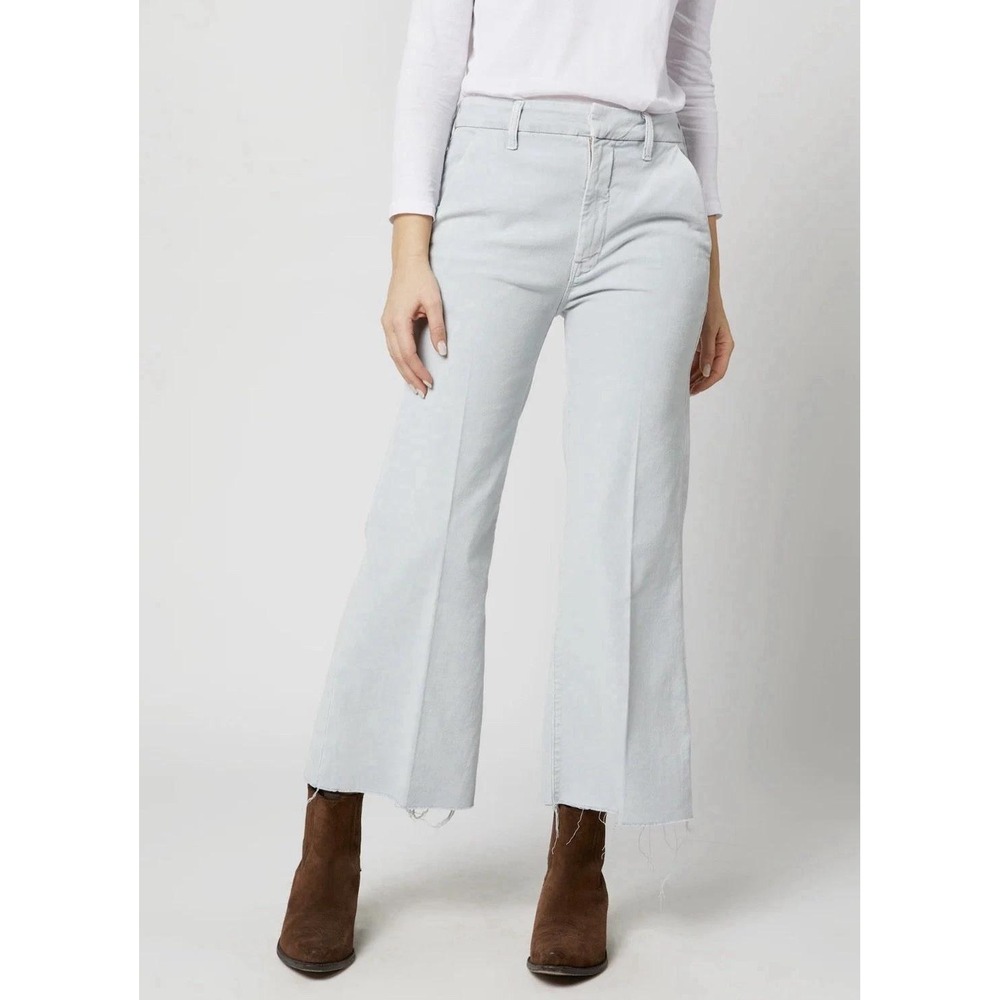 Mother The Roller Crop Prep Fray Jeans Chalk It Up Light Blue Wide Leg 28x25
